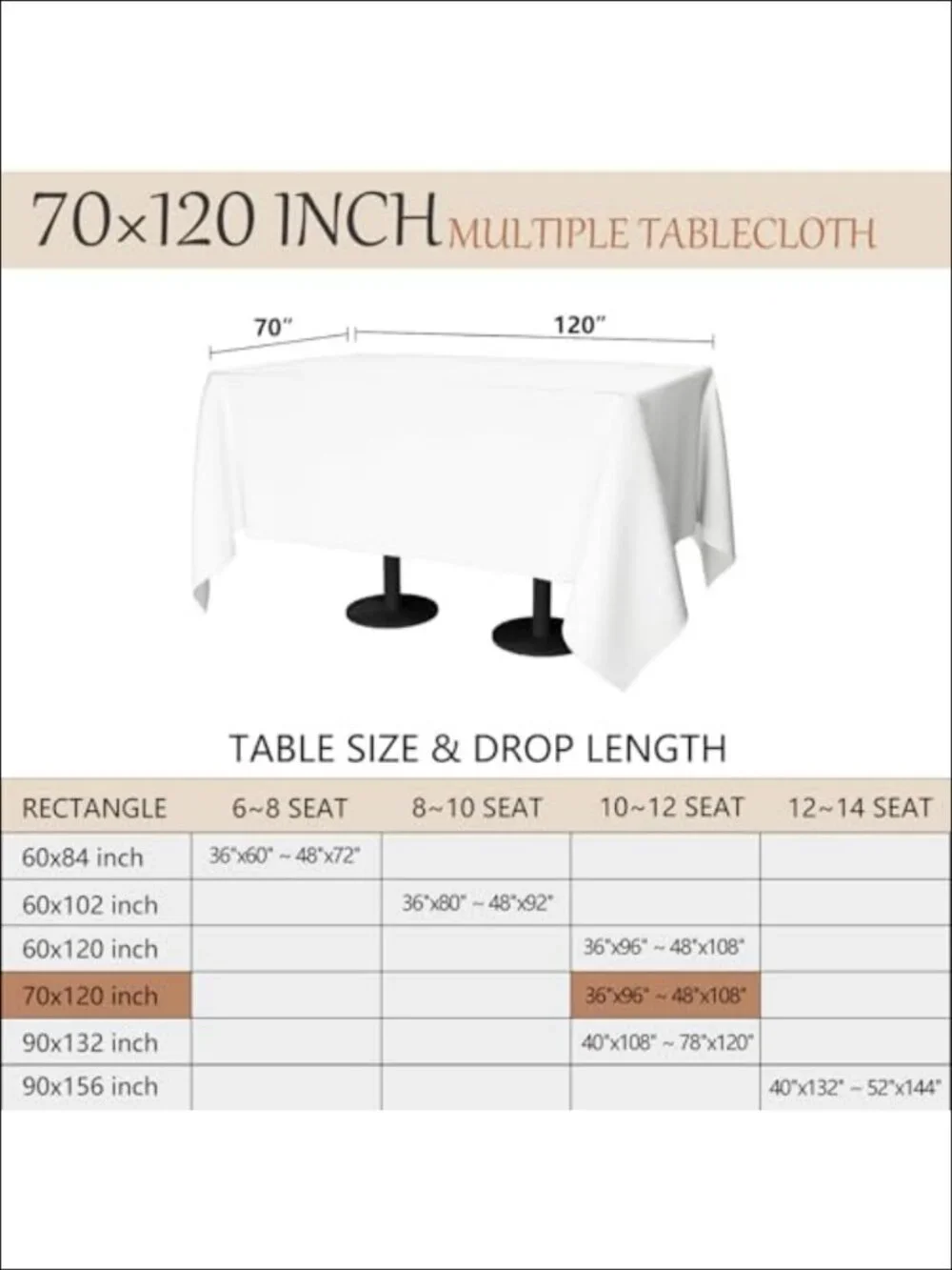 6 Pack 70x120 Inch Rectangular Polyester Tablecloth Washable Stain Resistant